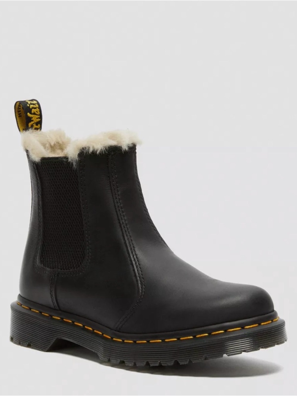 Dr. Martens Black Leather Shearling-Lined Boot with Yellow Tag